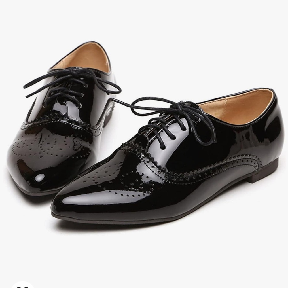 NWOT Womens Patent Leather Pointed Toe Flat Oxford Wingtip Dress… - Picture 2 of 12